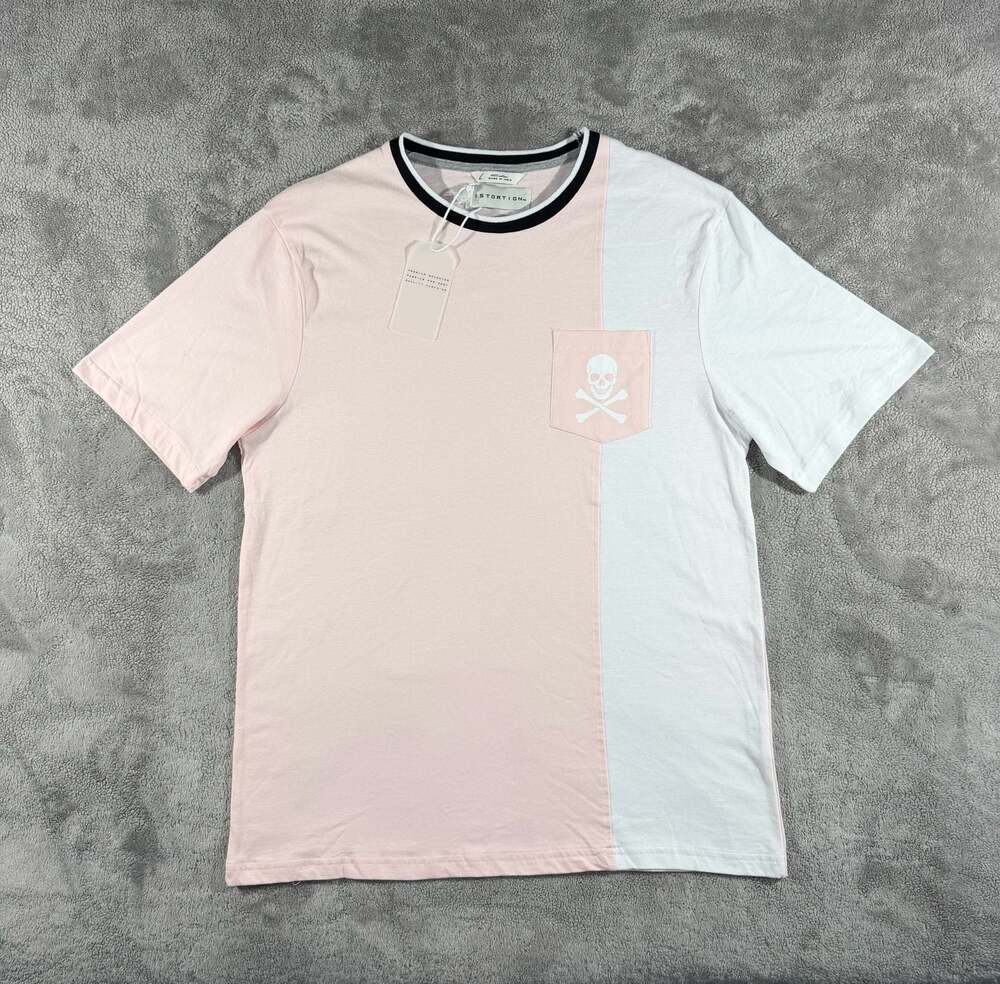 Distortion Skull Pocket T-Shirt Size L Pink White Colorblock